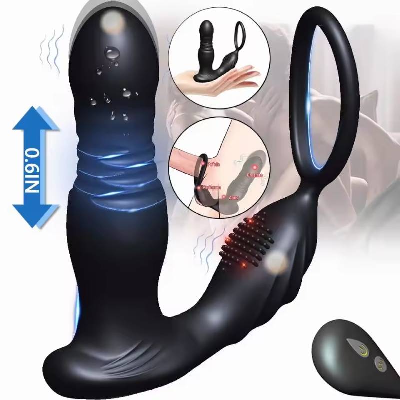 Silicone Anal Vibrator Thrusting Prostate Stimulator Massager Delay Ejaculation Lock Ring Anal Butt Plug Sex Toys for Men