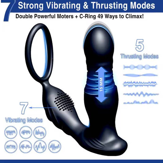 Silicone Anal Vibrator Thrusting Prostate Stimulator Massager Delay Ejaculation Lock Ring Anal Butt Plug Sex Toys for Men